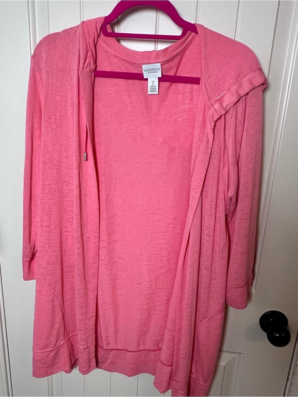 Weekends by Chico’s Size 2 (Large) Pink Coral Hooded Open Front Cardigan Tunic